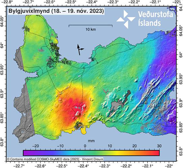 Island: Interferogramm bestätigt schnelle Bodenhebung unter Vulkan – Nachlassen der Bebentätigkeit beobachtet